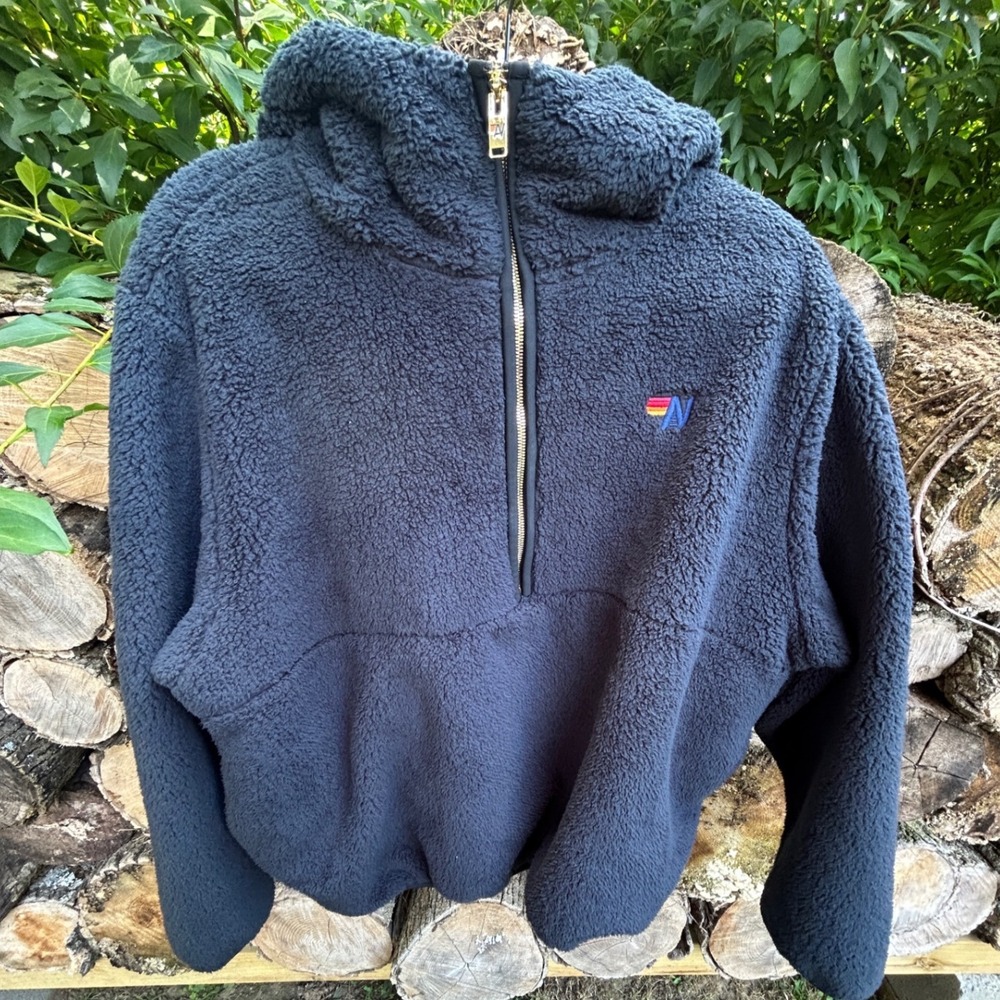 Aviator Nation Teddy Sherpa Fleece Half Zip Hoodie Pullover Black California M